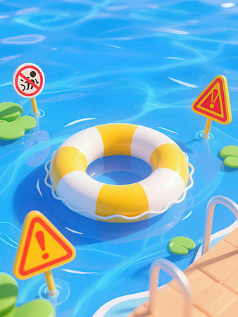 Swimming pool with floating lifebuoy. 3d illustration.
