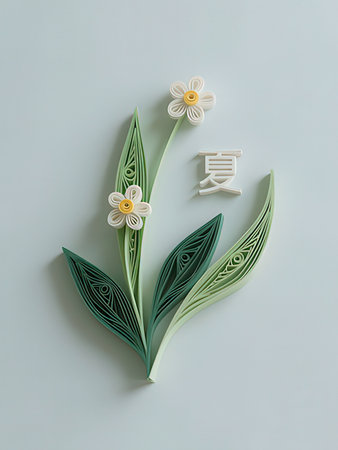 Paper cut flowers on white background. Minimal style. Flat lay.の写真素材