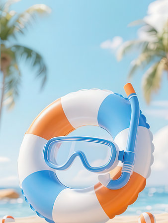 Lifebuoy and diving mask on the beach. 3d renderingの写真素材