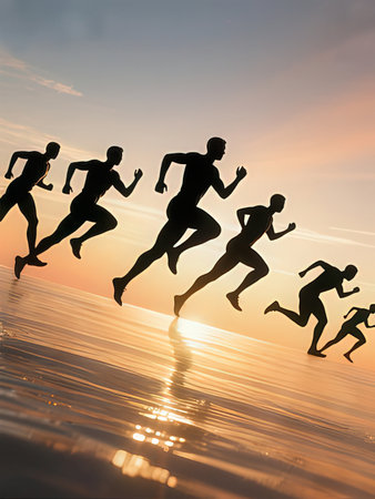 Marathon runners running at sunset. Sport and healthy lifestyle concept.の写真素材