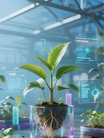 Close up of green plant in pot with infographics on glass wall