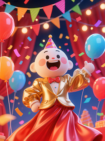 Illustration of a cute clown with balloons and confetti at the partyの写真素材