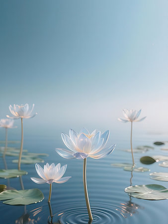White lotus flower on the water with blue sky background, Thailand.の写真素材