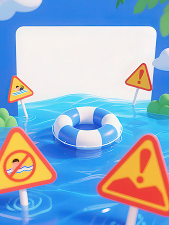 Lifebuoy in the swimming pool with warning signs. 3d render