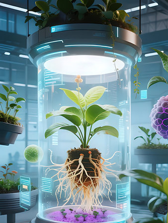 3d render of plant in the glass florarium with rootsの写真素材
