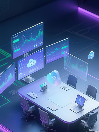 3d rendering of a modern office interior with computer monitors and dataの写真素材