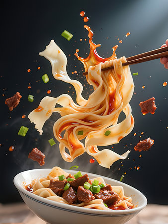 Noodles with meat and vegetables flying in the air over black background