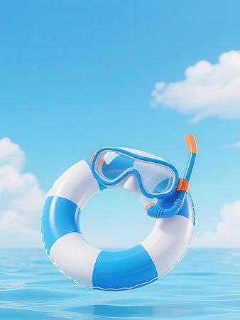 Lifebuoy floating in the sea with blue sky background. 3d renderの写真素材