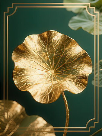 golden lotus leaf on dark green background with gold frame.の写真素材
