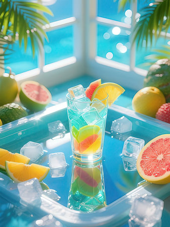 Fruit cocktail in ice cubes on the background of the swimming poolの写真素材