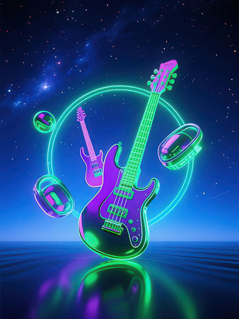 Neon electric guitar and headphones on a background of the night skyの写真素材