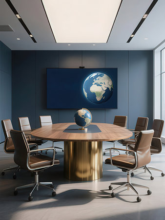 Interior of modern conference room with blue walls, concrete floor, round wooden table with brown...