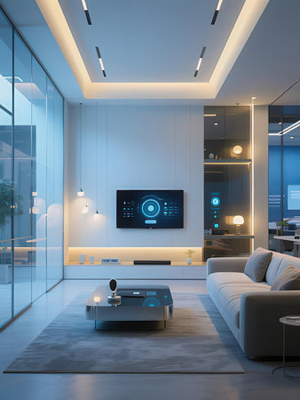 Interior of modern living room with tv screen and sofa 3D renderingの写真素材