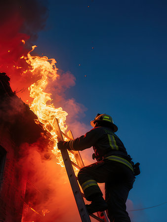 Firefighter extinguishing a fire on a background of blue sky.の写真素材