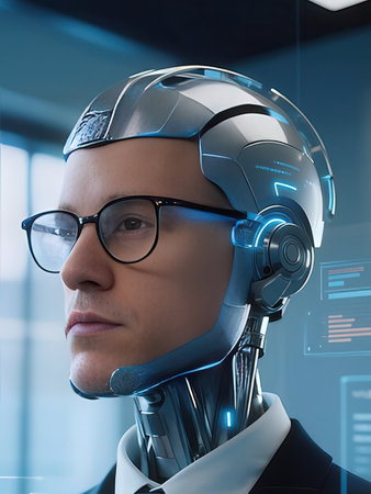 Side view of male cyborg in eyeglasses looking away in officeの写真素材