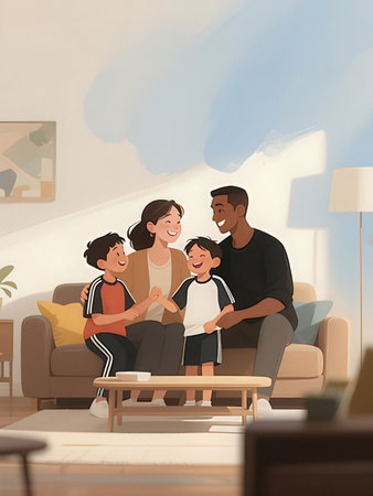 Happy family sitting on sofa in living room. Father, mother, son and daughter holding hands and smiling. Realistic vector illustrationの写真素材