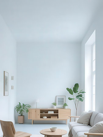 Interior of modern living room with white walls, concrete floor, comfortable sofa and wooden coffee...