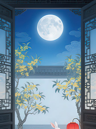 Illustration of a Chinese window with a full moon and a plantの写真素材