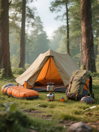 Camping tent and camping equipment in the forest. Adventure and travel concept.