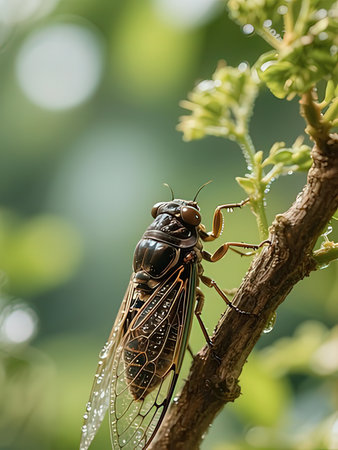 Cicada insect on a branch with water droplets on itの写真素材