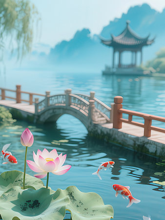 Chinese garden with water lily, pond and bridge. 3d renderingの写真素材