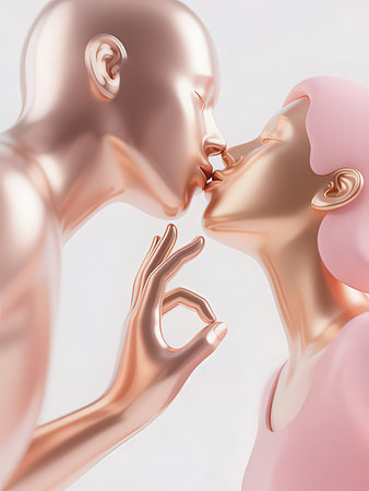Man and woman kissing on white background. 3d render illustration.の写真素材