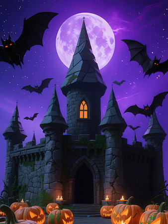 Halloween background with haunted castle, pumpkins, bats and moonの写真素材