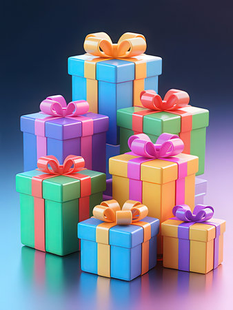 Colorful gift boxes on a blue background. 3d rendering.の写真素材