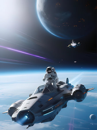 Astronaut flying in space with his spaceship. 3D rendering