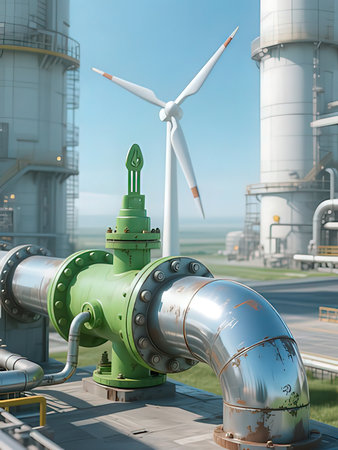 Pipes and wind turbines in a power plant. 3d rendering