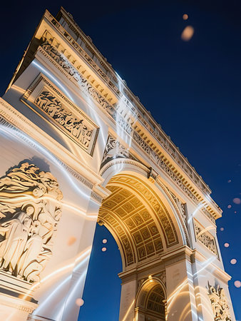 Arch of Triumph at night in Paris, France.