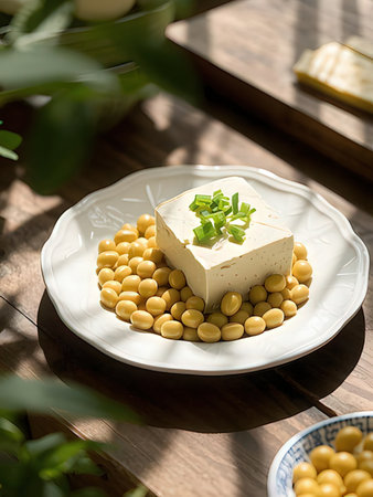 Tofu with soybeans on a white plate on a wooden tableの写真素材