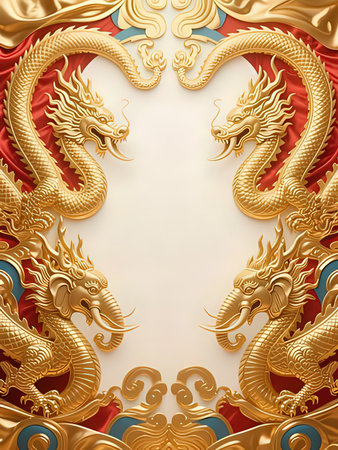 Golden dragon frame on blue and red background. 3D illustration.の写真素材