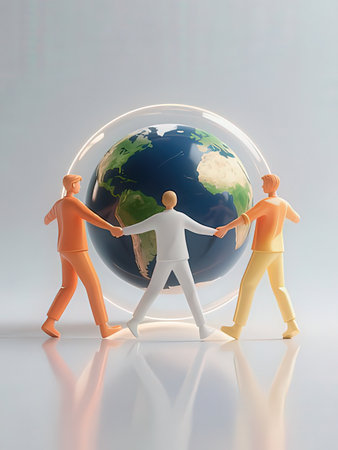 3d illustration of people holding planet earth in the form of a globeの写真素材