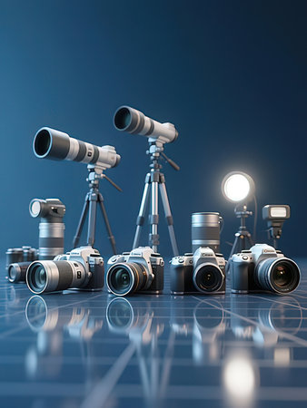 3d illustration of a set of cameras and flashlights on blue background