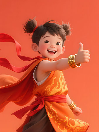 3d illustration of a little asian girl in traditional dress showing thumbs upの写真素材