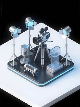 3d render of camera on the table with lighting equipment.
