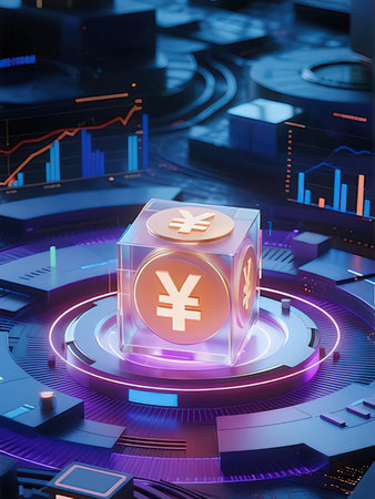 3d rendering of yuan coin on virtual cube. Cryptocurrency conceptの写真素材