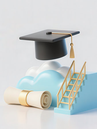 Graduation cap on cloud and diploma on white background. 3d render