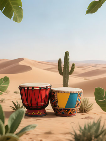 Djembe drum and cactus in desert. 3d renderingの写真素材