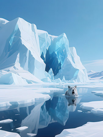 Illustration of Iceberg with a polar bear in the foreground.の写真素材