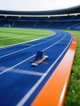 3d rendering of a stadium track with a blue and orange stripeの写真素材