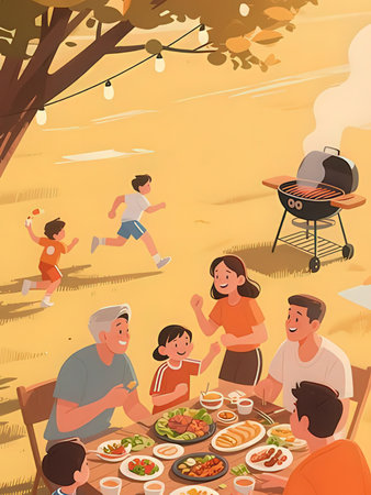 Happy family having barbecue party outdoors, cartoon vector illustration. Father, mother, son, daughter, son, brother and sister having picnic on summer day.の写真素材
