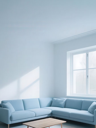 interior of modern bright living room with blue sofa 3D renderingの写真素材