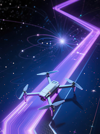 Drone with digital camera flying in futuristic space. 3D rendering