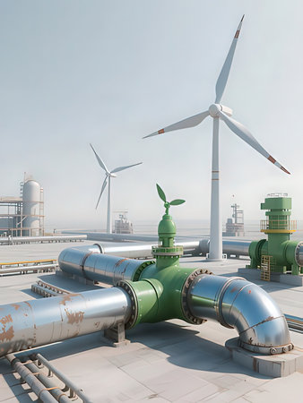 Industrial landscape with wind turbines and solar panels. 3d rendering