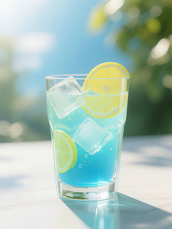 Glass of blue cocktail with ice cubes and lemon slices on the table