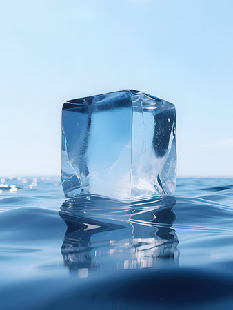 Ice cube on water surface, 3d render. Ice cube on water surfaceの写真素材