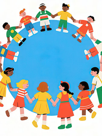 Children's illustration of a group of children standing in a circle and holding handsの写真素材