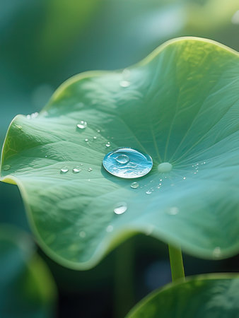Water drop on green lotus leaf with shallow depth of field.